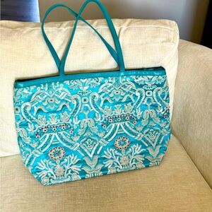CHRISTIANA Vintage Elegant Teal Embroidered Tote Bag Purse Beaded Handbag